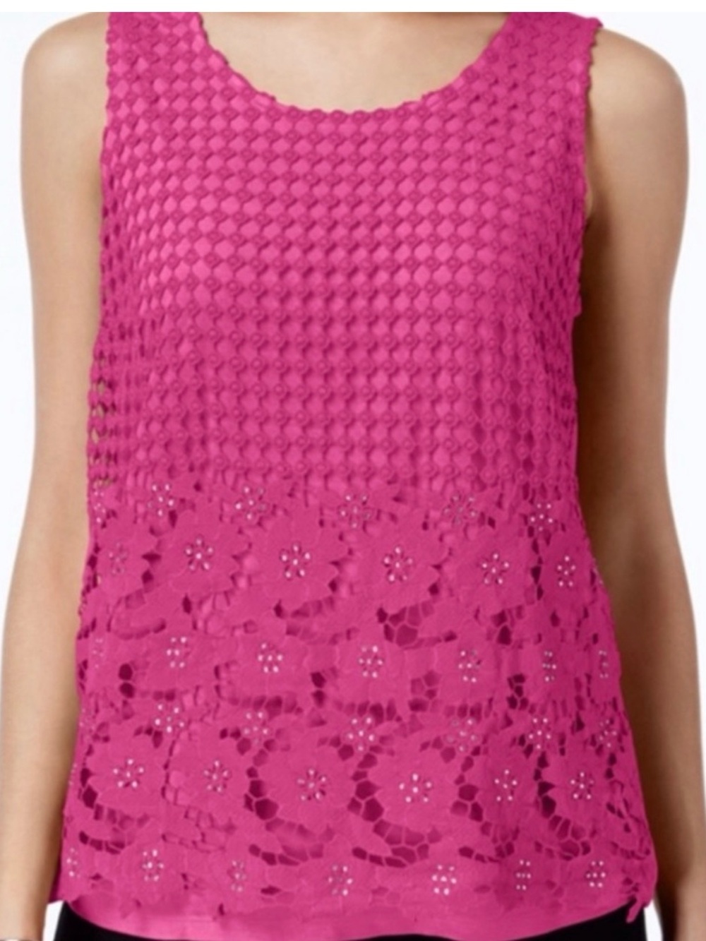 INC Sleeveless Fuchsia Crochet Lace Tank Top w/ Rhinestones, Size Lp, NWOT